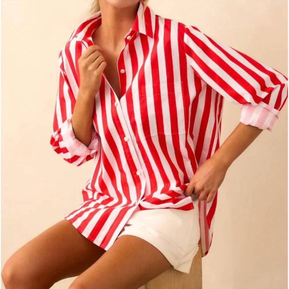 NEW PROSPERINA stripe paula button front top in cherry red